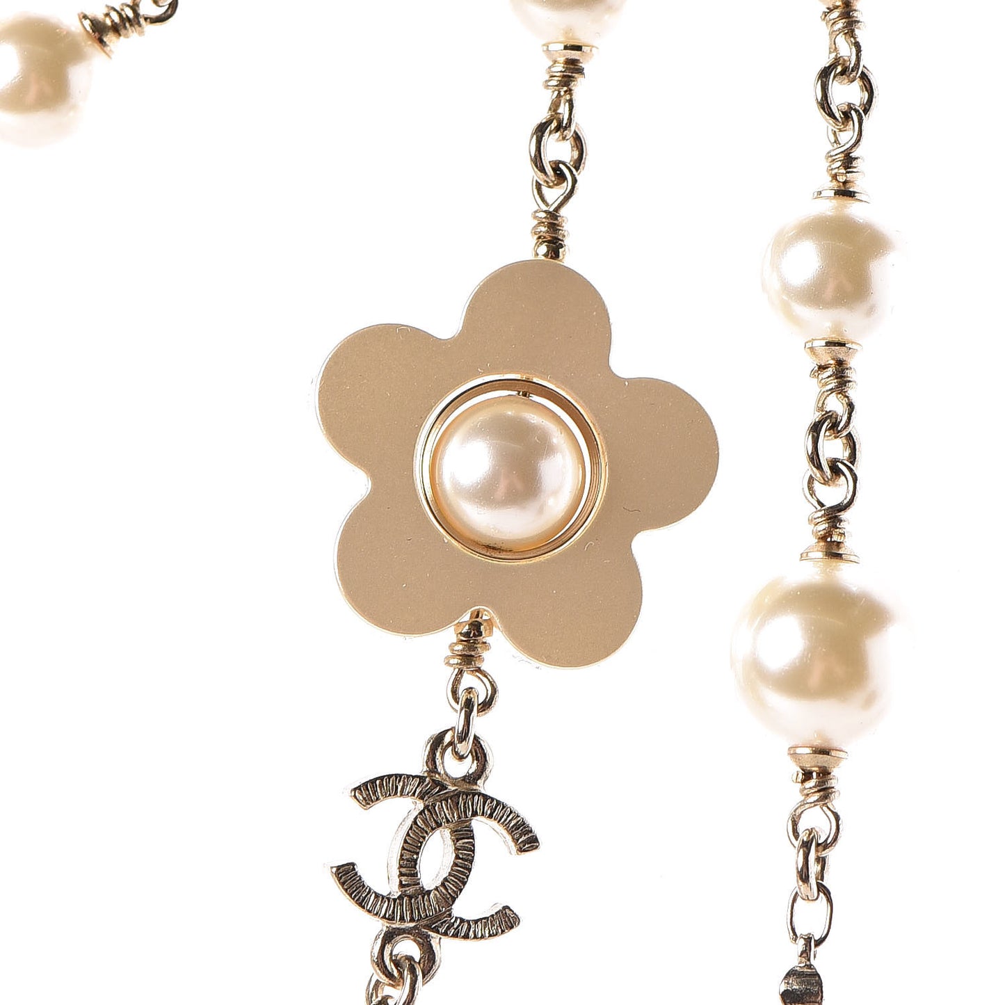 Pearl Flower CC Multi Strand Long Necklace Gold
