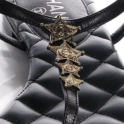 Calfskin Paris Dallas Quilted Star CC Thong Sandals Black 39.5