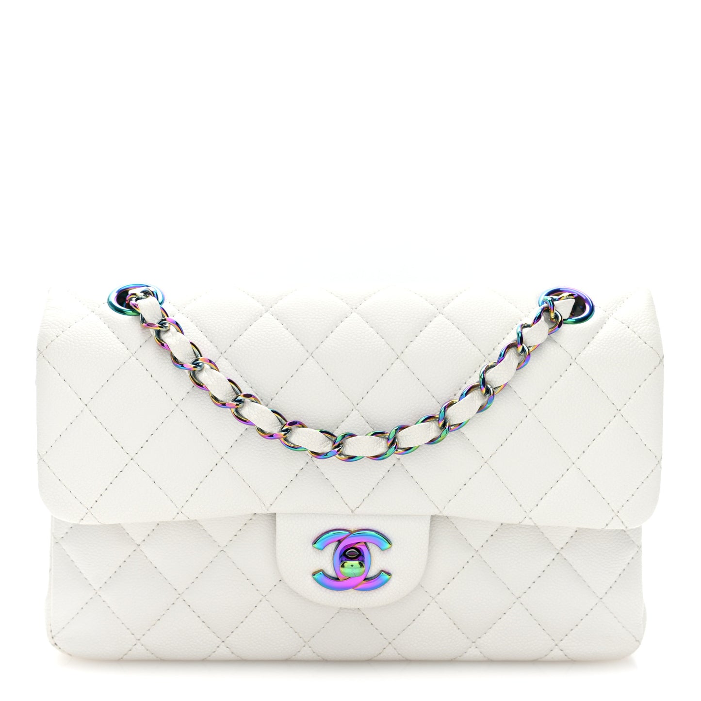 Caviar Quilted Rainbow CC Small Double Flap White