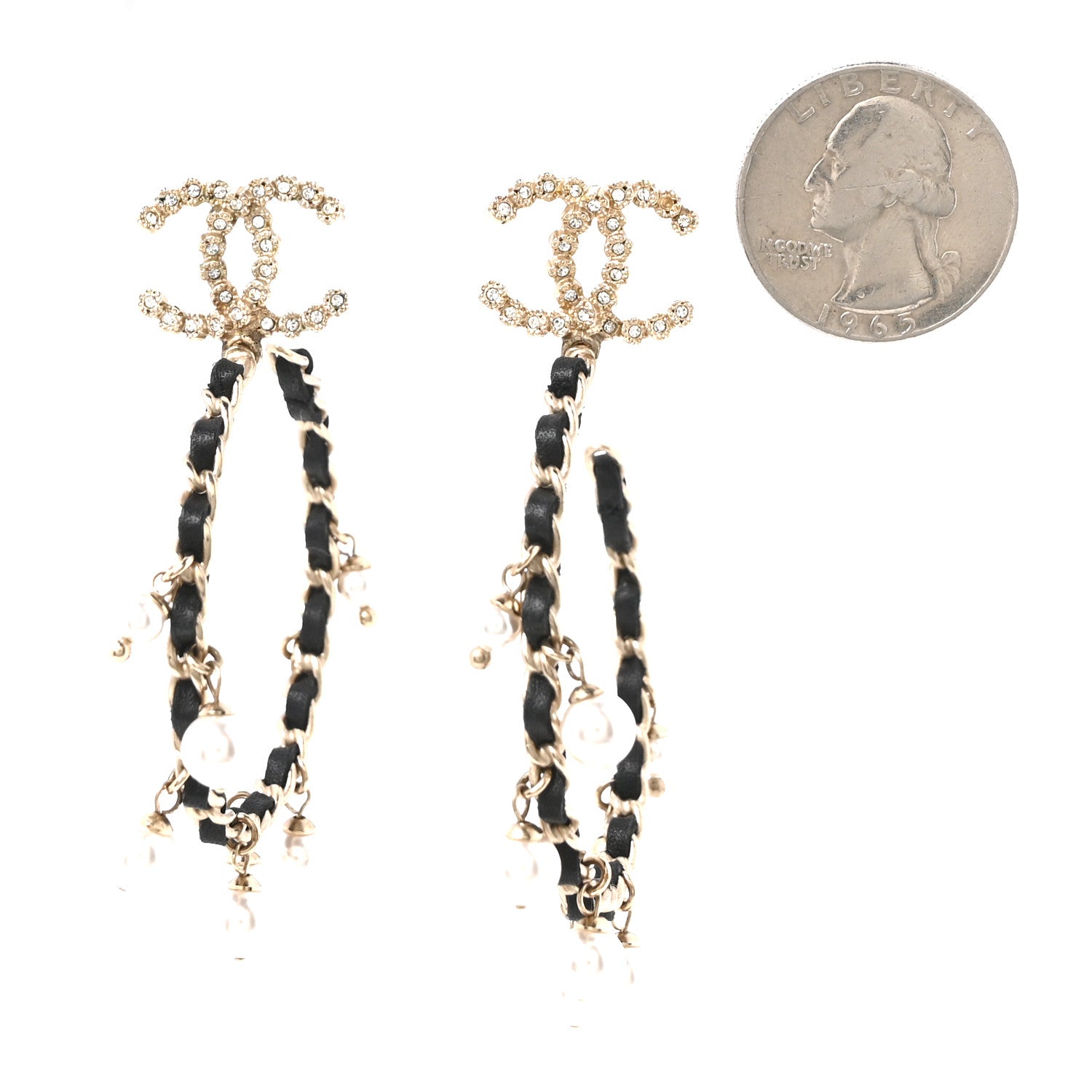 Chanel Lambskin Pearl Crystal CC Chain Hoop Earrings Gold Black 2 of 4