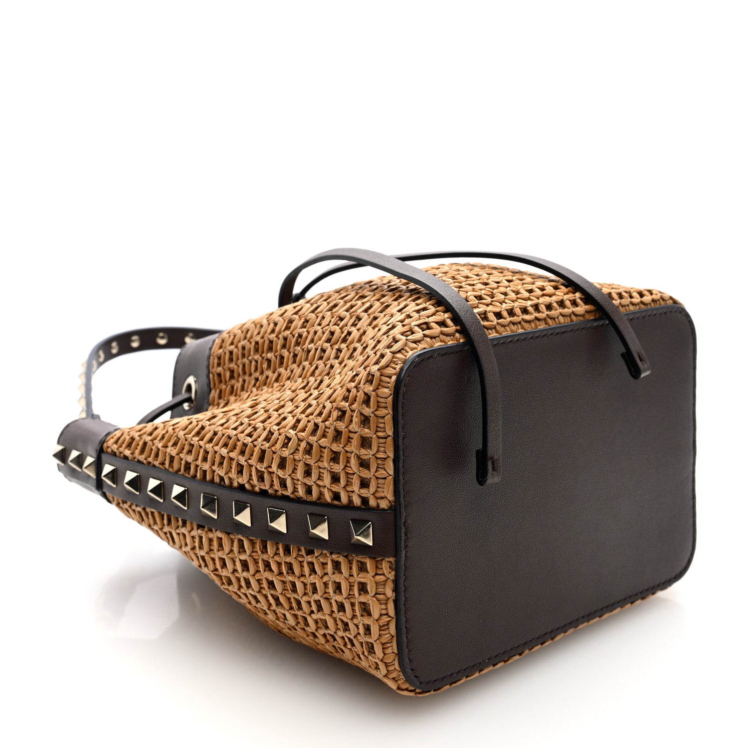 Valentino Garavani Raffia Calfskin Rockstud Drawstring Shoulder Bag Tobacco Cacao 4 of 9