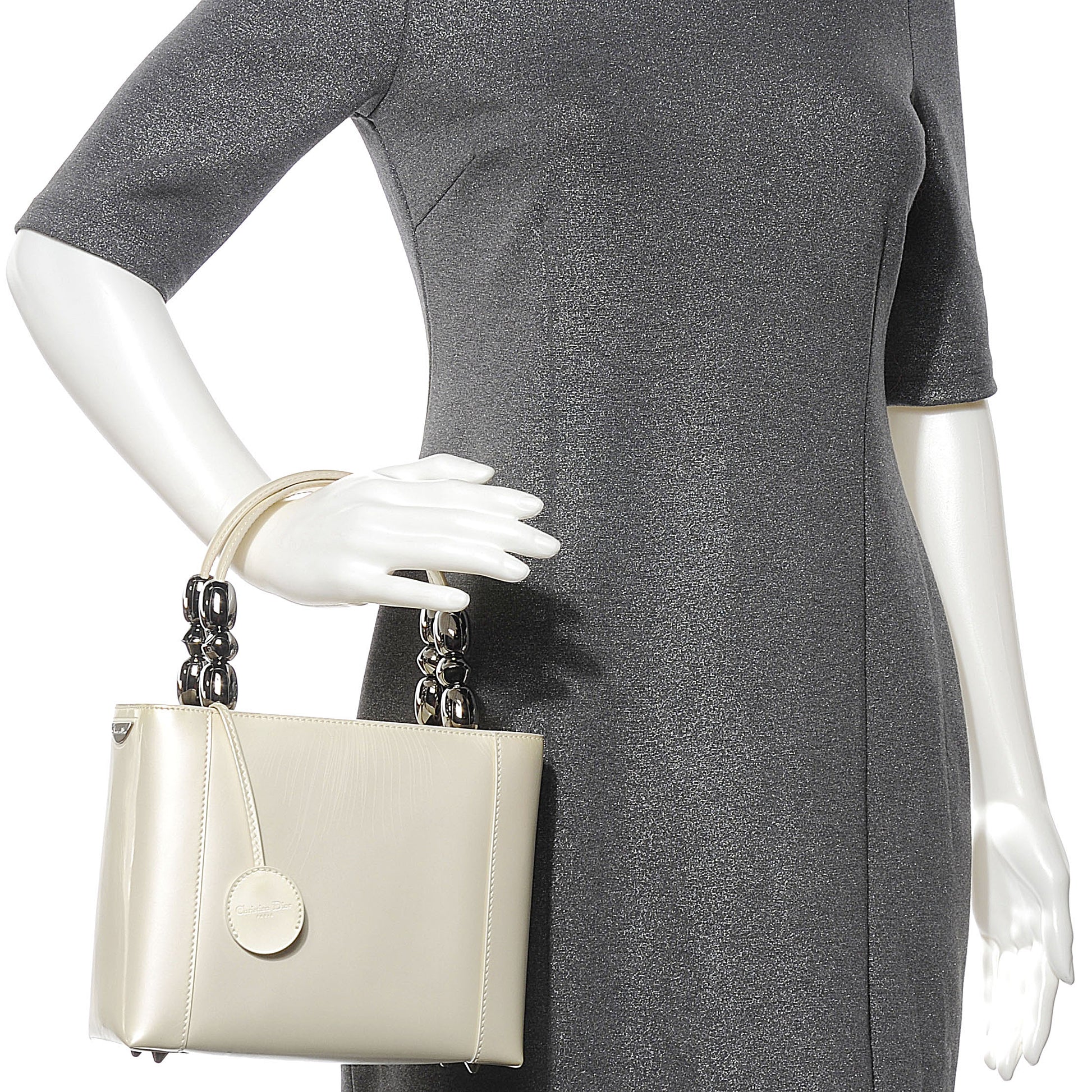 Christian Dior Leather Chrome Beaded Malice Tote White 2 of 8