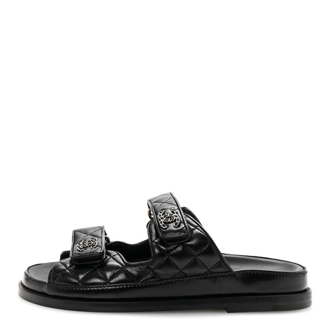 Lambskin Quilted Velcro Dad Chain CC Slide Sandals 38 Black