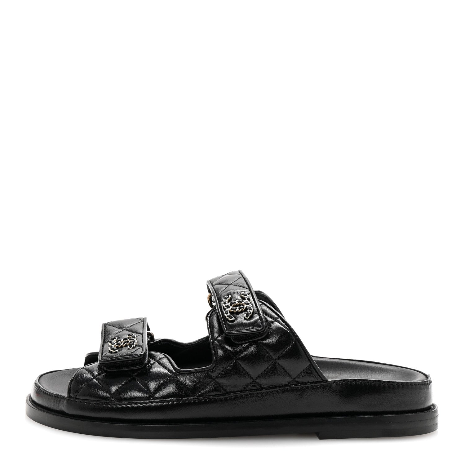 Chanel Lambskin Quilted Velcro Dad Chain CC Slide Sandals 38 Black 1 of 10