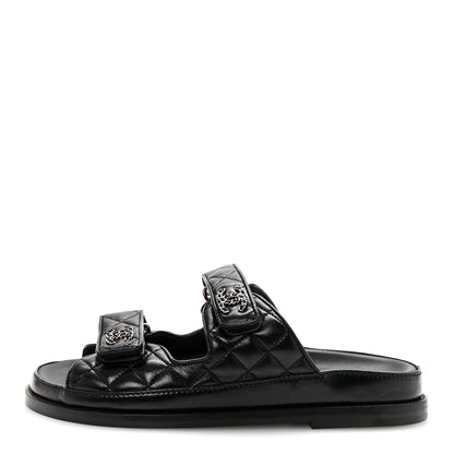 Chanel Lambskin Quilted Velcro Dad Chain CC Slide Sandals 38 Black 1 of 10