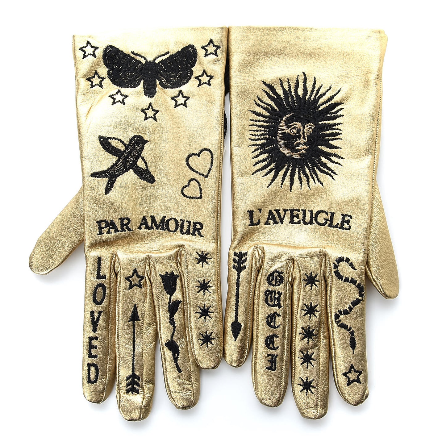 Metallic Nappa Silk Embroidered Melissa Gloves 7.5 Oro Gold
