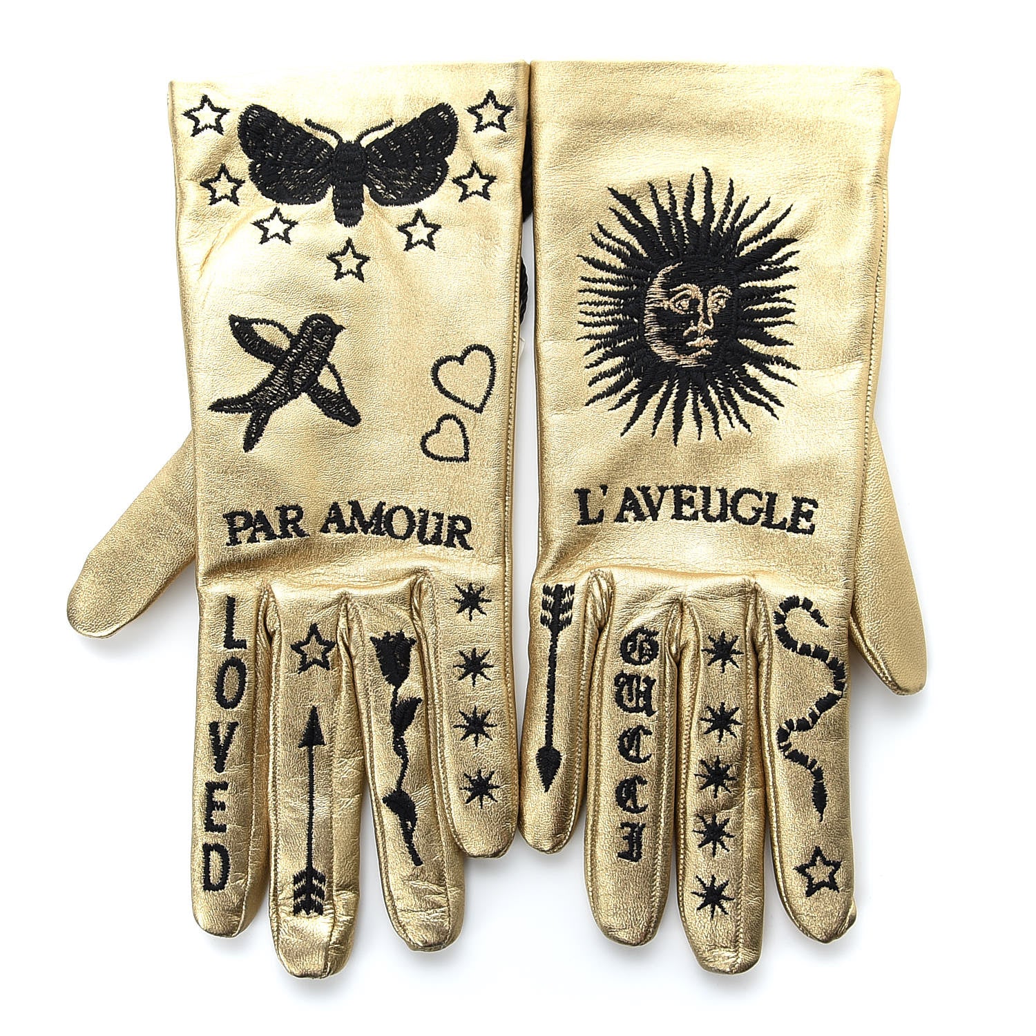 Gucci Metallic Nappa Silk Embroidered Melissa Gloves 7.5 Oro Gold 1 of 5