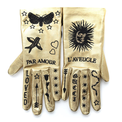 Gucci Metallic Nappa Silk Embroidered Melissa Gloves 7.5 Oro Gold 1 of 5