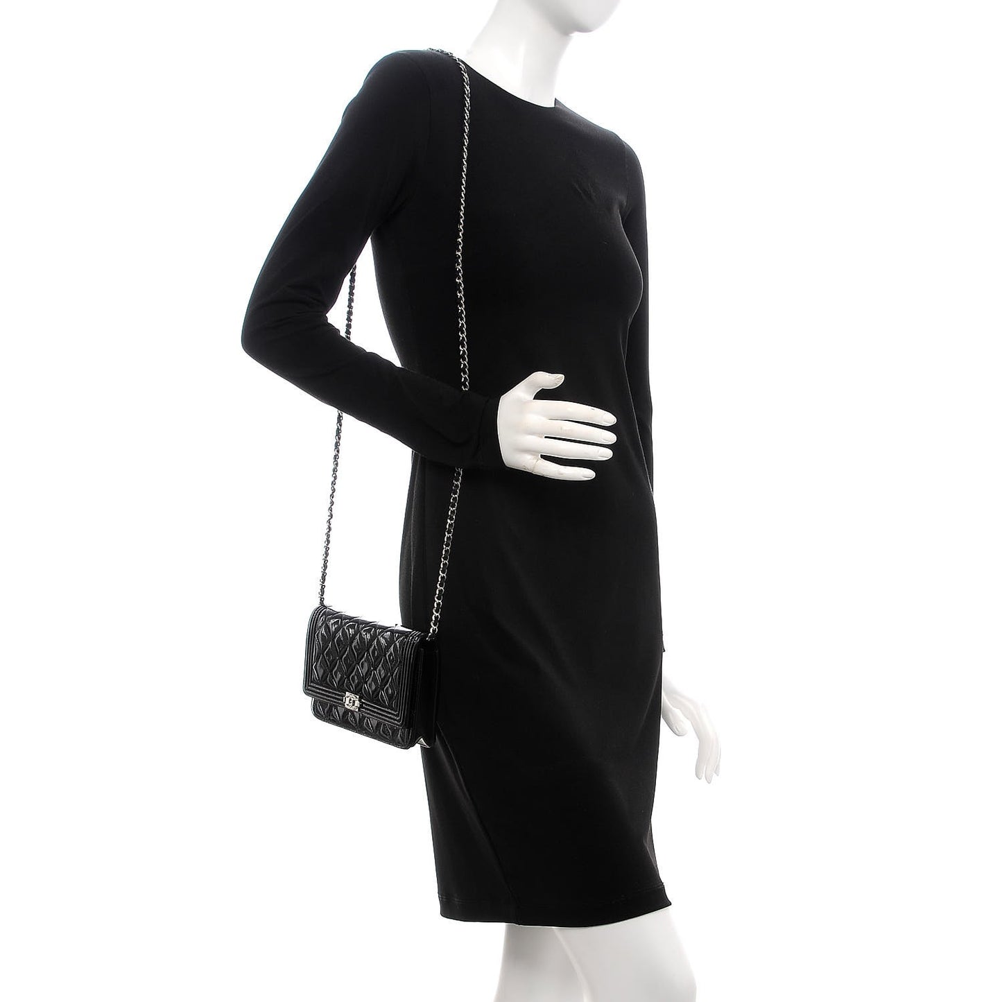 Patent Calfskin Quilted Boy Wallet On Chain WOC Black