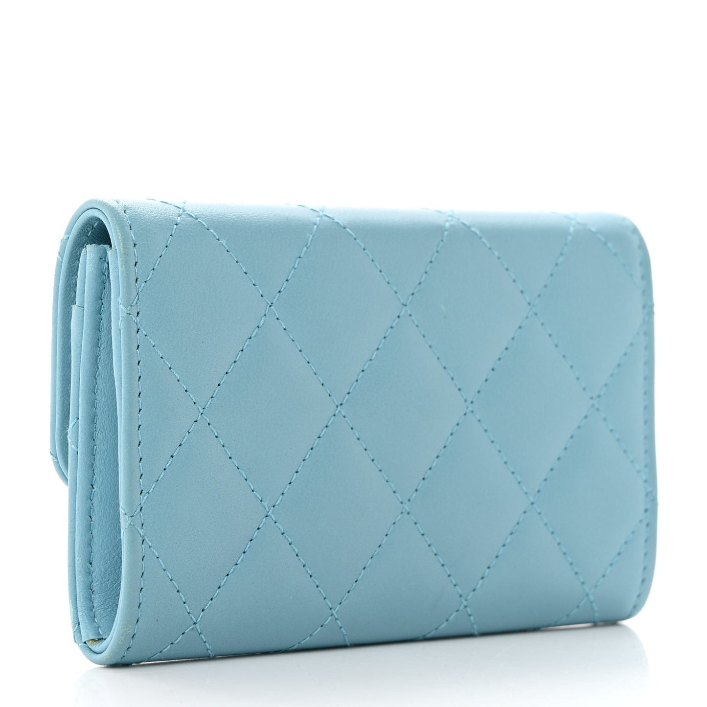 Lambskin Quilted Flap Card Holder Wallet Light Blue