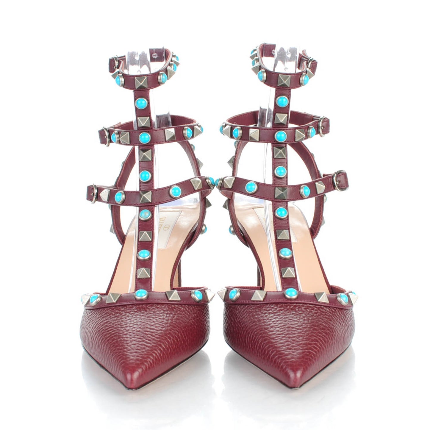 Pebbled Calfskin Turquoise Rockstud Rolling Ankle Strap 65mm Pumps 37.5 Rubin