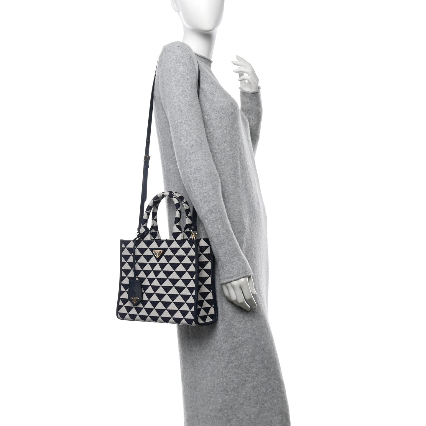 Jacquard Saffiano Triangolo Symbole Embroidered Small Tote Baltico Talco