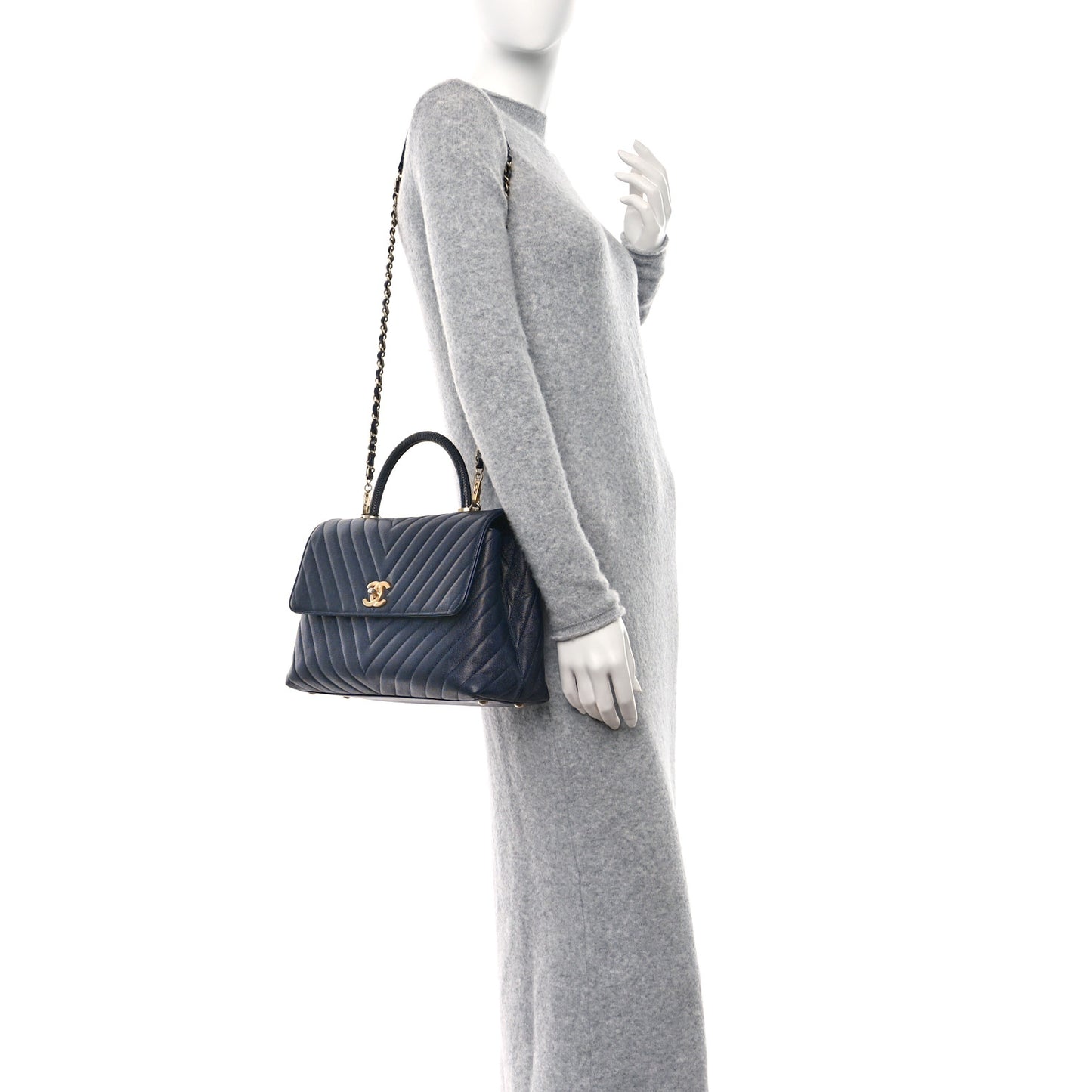 Caviar Chevron Quilted Medium Coco Handle Flap Navy Blue