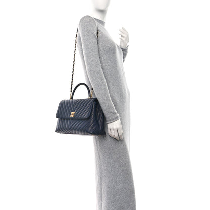 Chanel Caviar Chevron Quilted Medium Coco Handle Flap Navy Blue 2 of 9