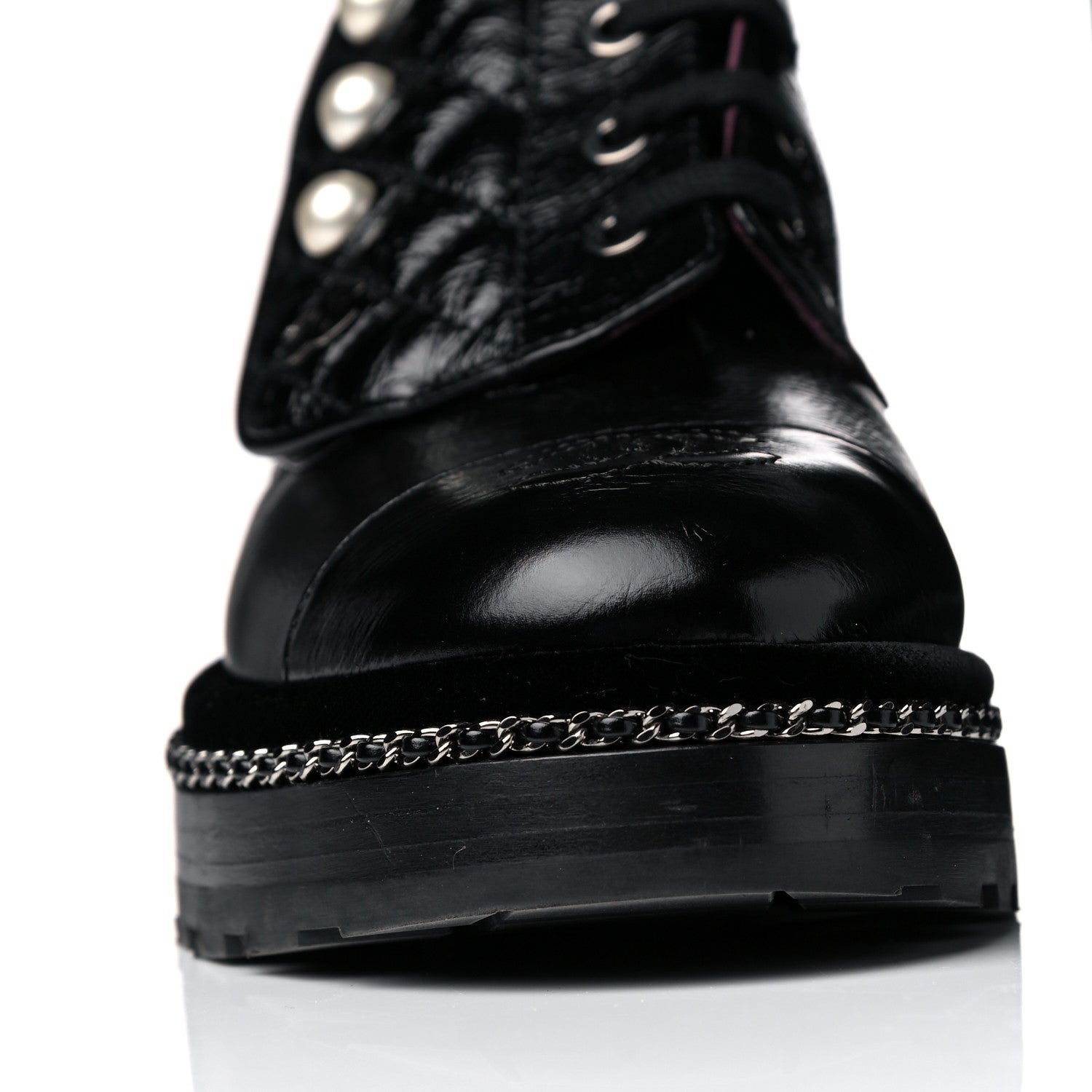 Chanel Crackled Calfskin Velvet Pearl Combat Short Boots 38 Black 8 of 14
