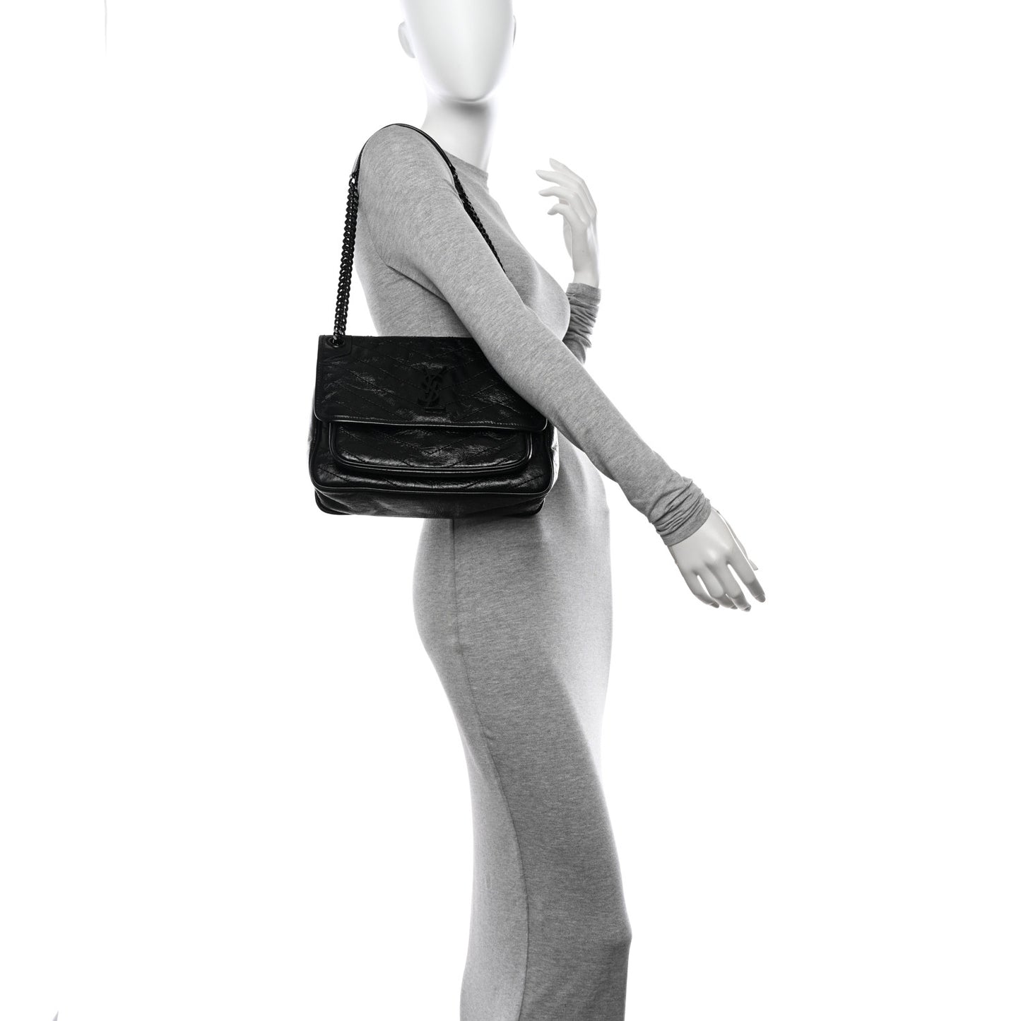 Crinkled Calfskin Matelasse Monogram Medium Niki Chain Satchel Black