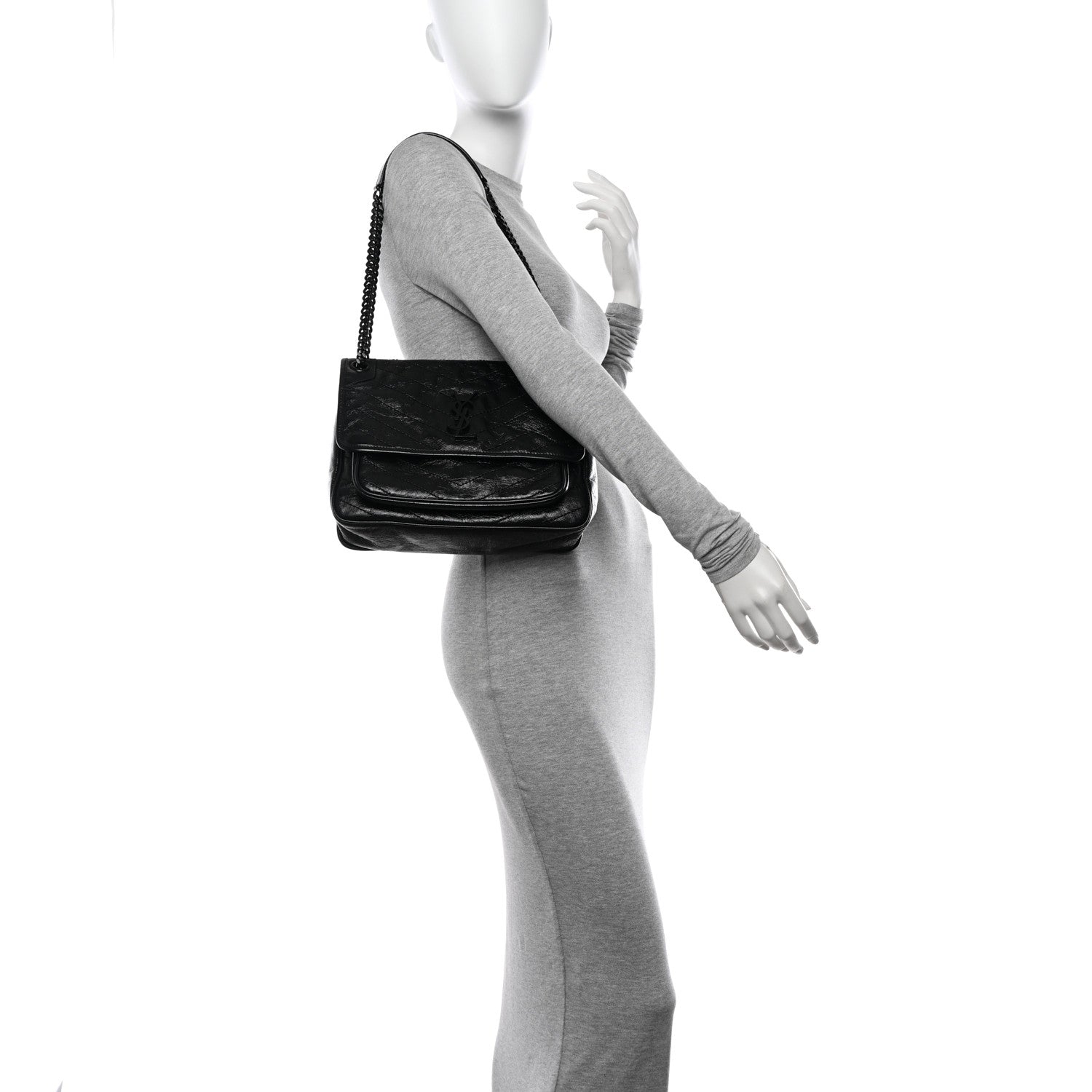 Saint Laurent Crinkled Calfskin Matelasse Monogram Medium Niki Chain Satchel Black 2 of 12