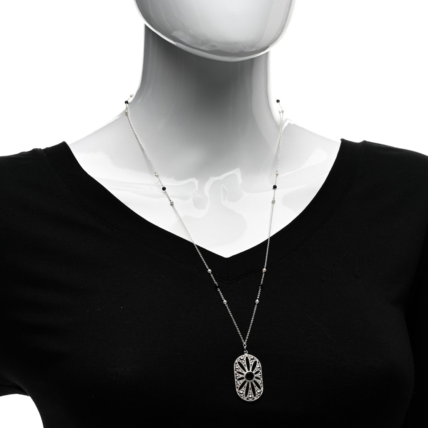 Sterling Silver Black Onyx Pearl Ziegfeld Daisy Pendant Necklace