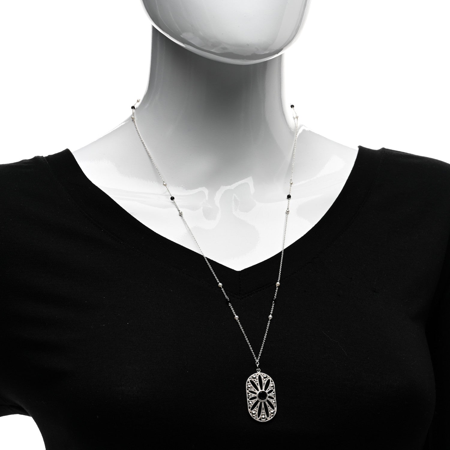 Tiffany Sterling Silver Black Onyx Pearl Ziegfeld Daisy Pendant Necklace 2 of 4