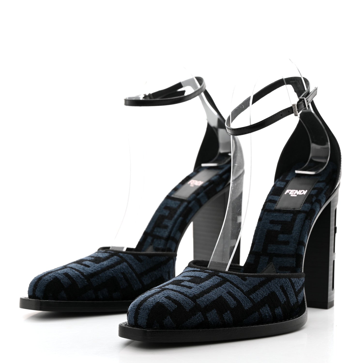Fendi Chenille Jacquard FF Cut Baguette Ankle Strap 105mm Pumps 38 Black Blue 3 of 8