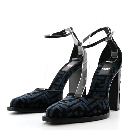 Fendi Chenille Jacquard FF Cut Baguette Ankle Strap 105mm Pumps 38 Black Blue 3 of 8