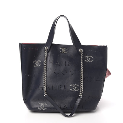 Chanel Calfskin Tweed Small Logo Eyelets Shopping Tote Navy Blue 4 of 10
