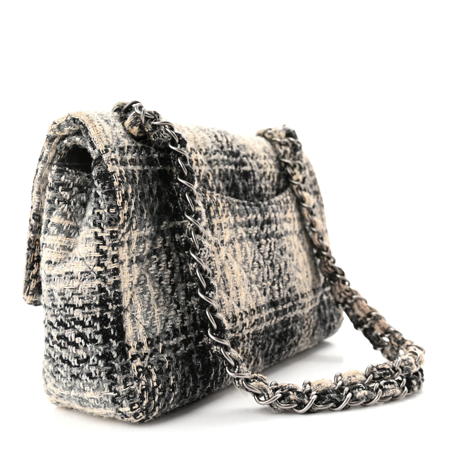 Tweed Quilted Medium Double Flap Beige White Black