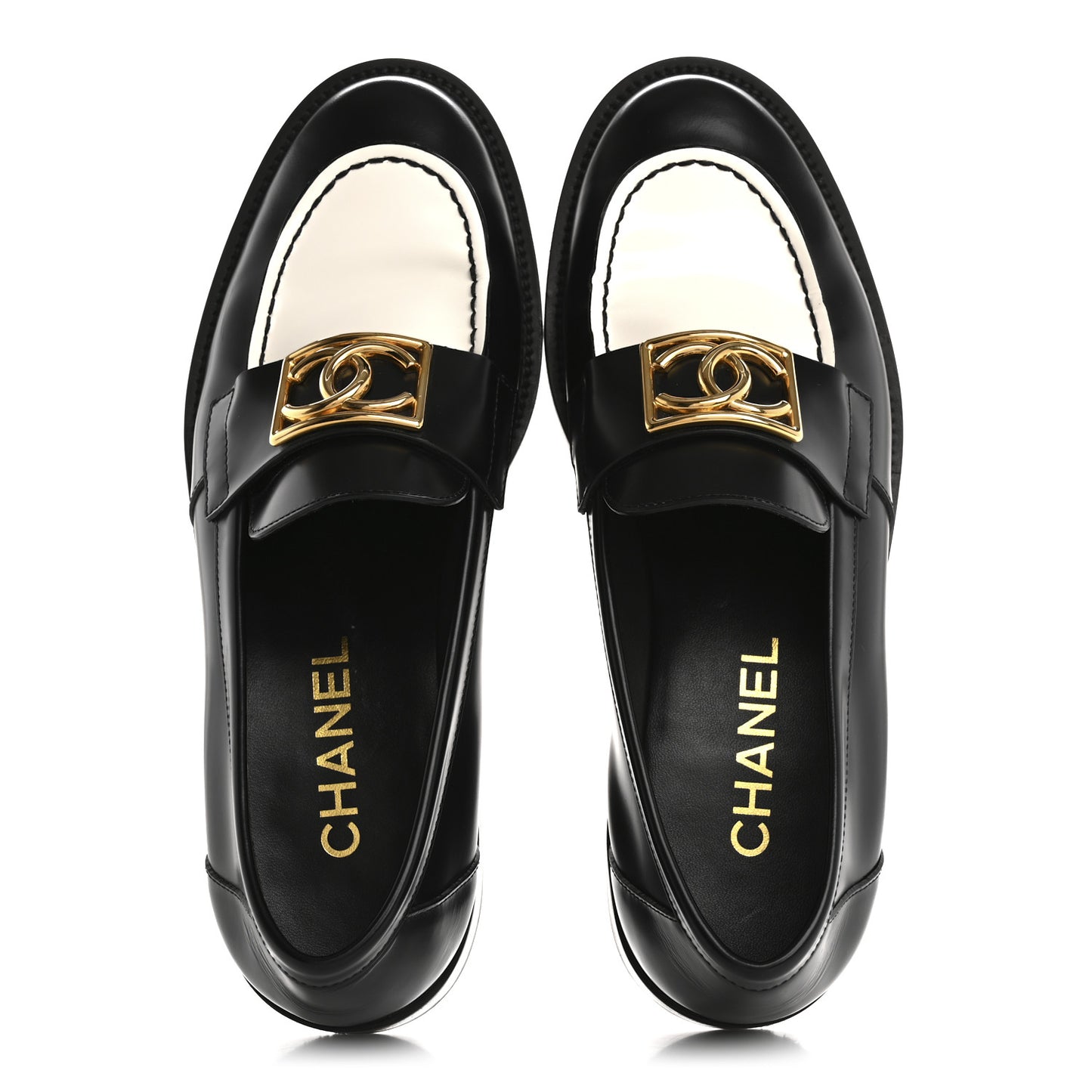Shiny Calfskin CC Loafers Black White 39.5 Black White