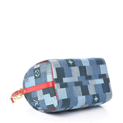 Louis Vuitton Denim Damier Monogram Patchwork Speedy Bandouliere 30 Blue Rouge 4 of 11