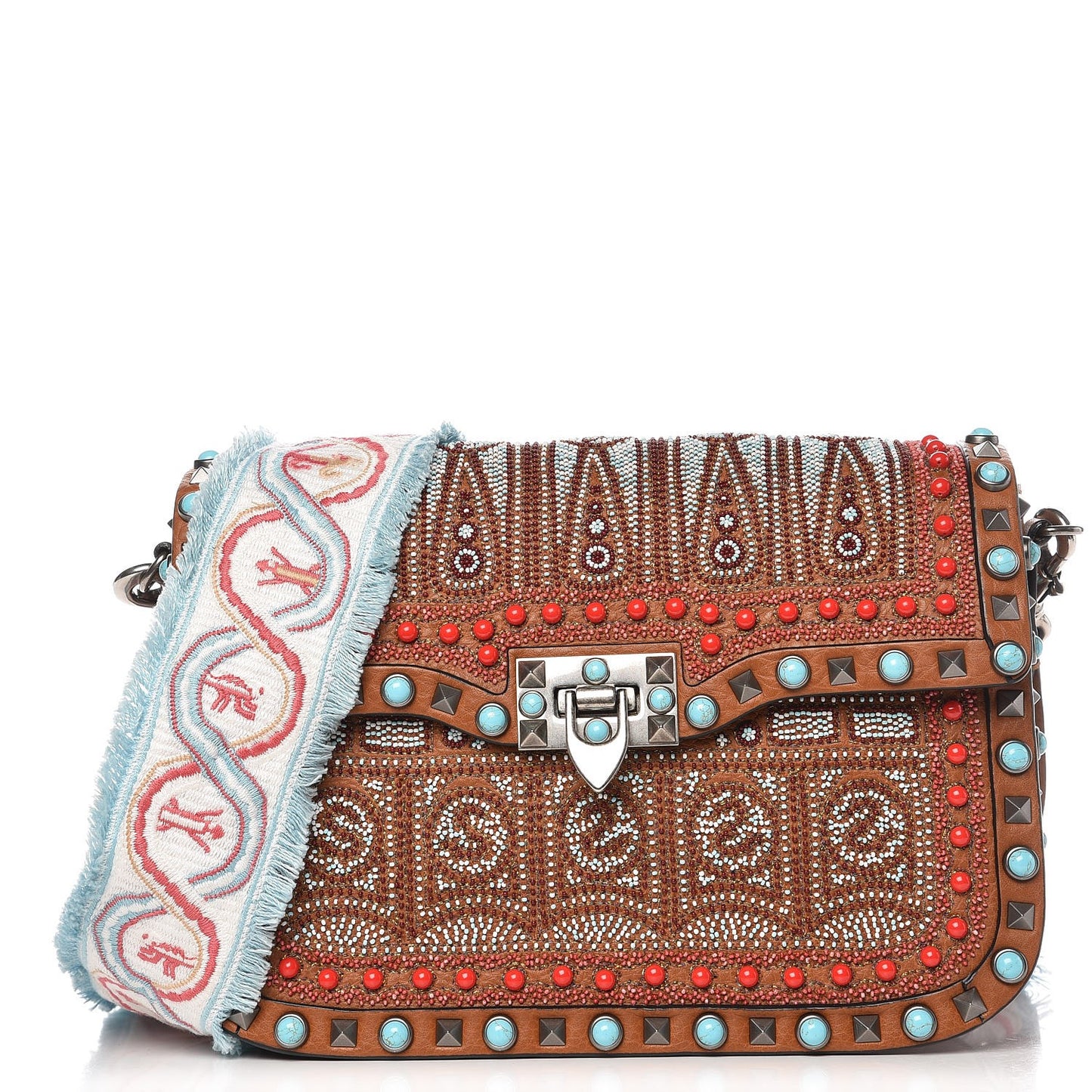 Calfskin Embroidered Medium Guitar Strap Rockstud Rolling Flap Saddle Bag Light Cuir
