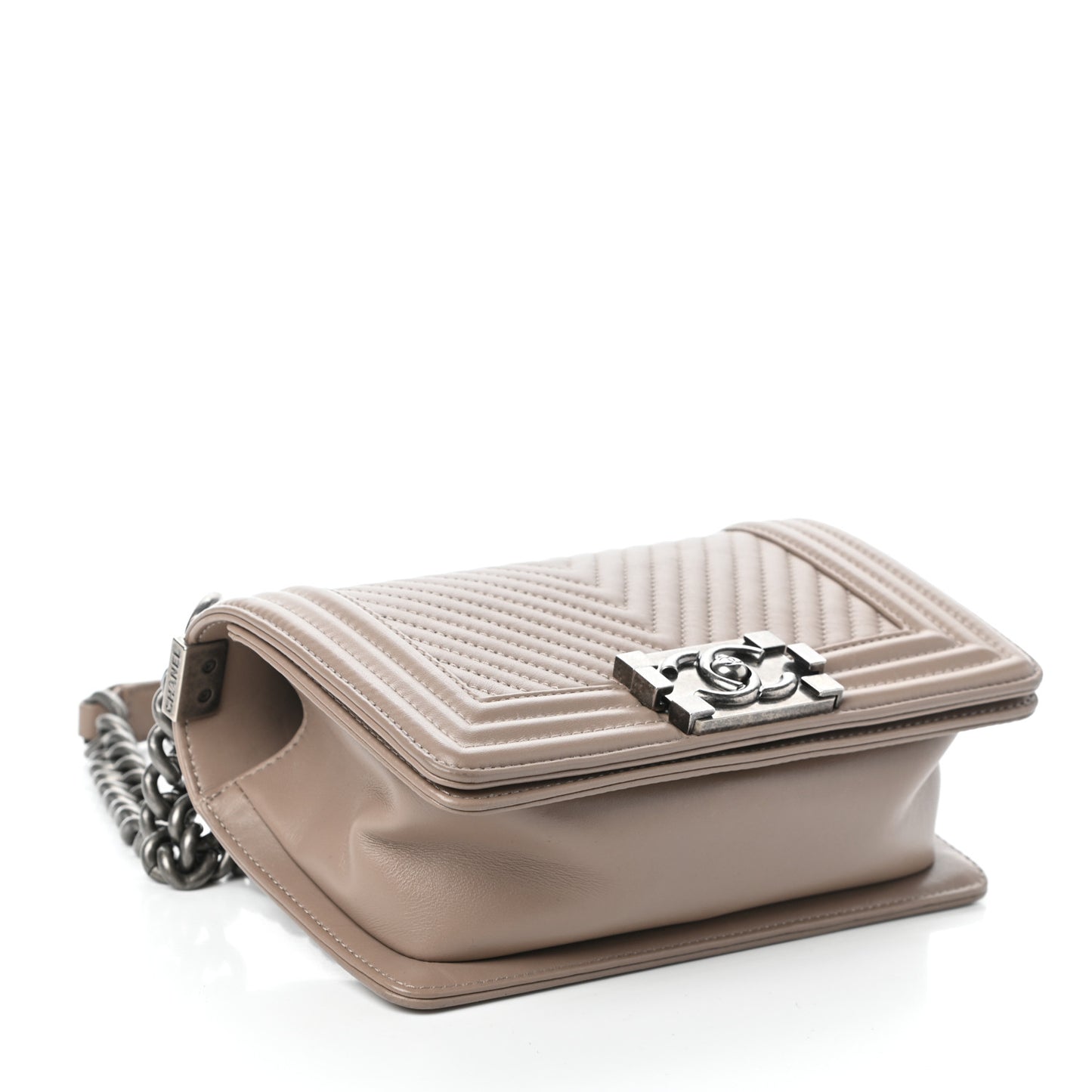 Calfskin Chevron Quilted Small Boy Flap Taupe