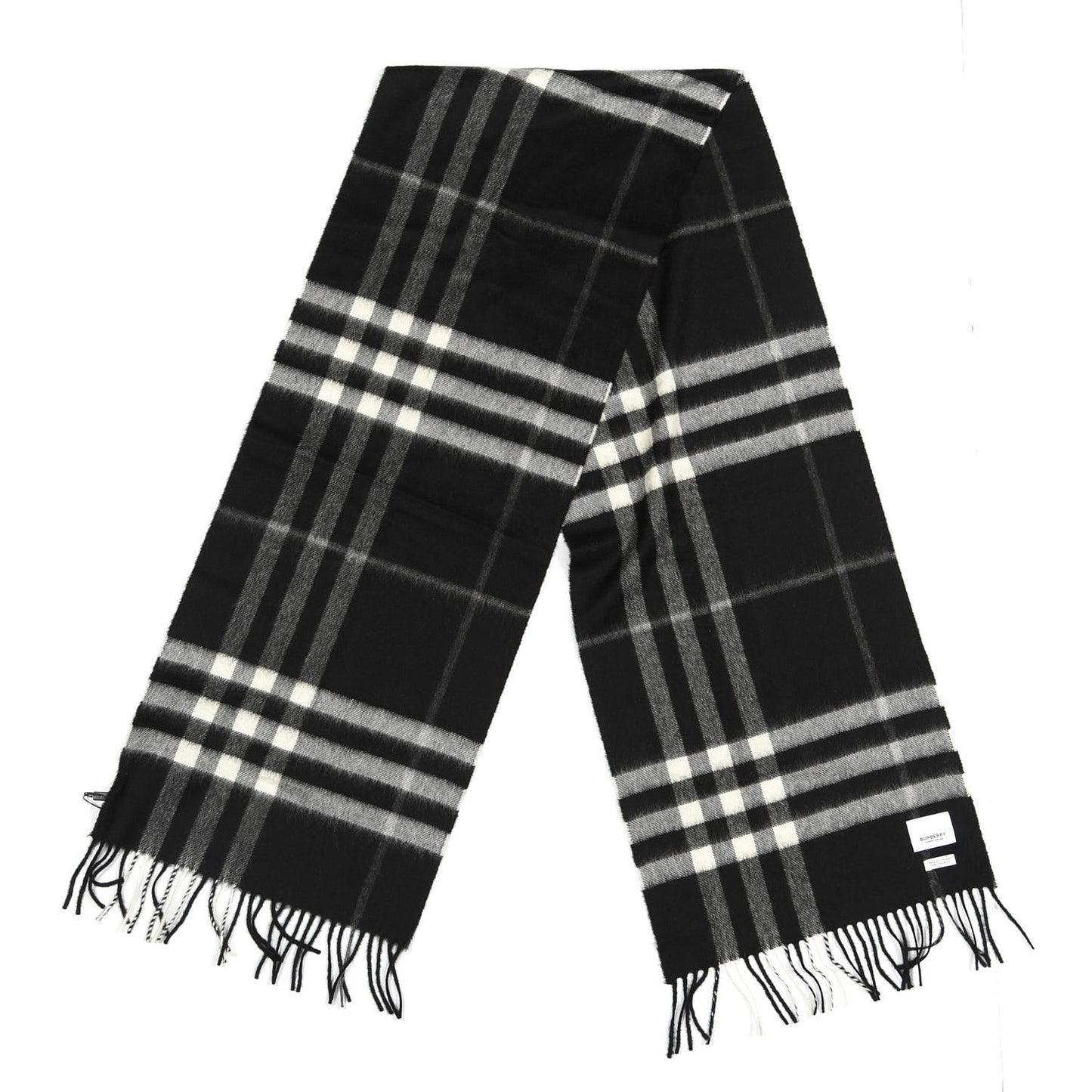 Cashmere Giant Check Fringe Scarf Black
