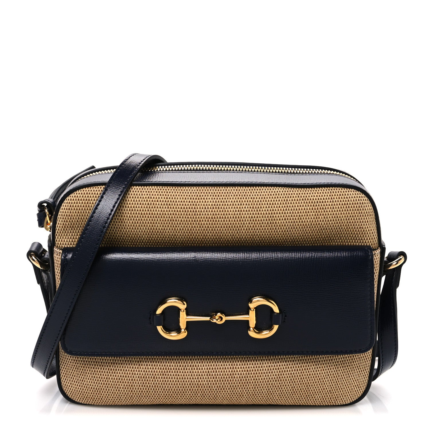 Gucci Vintage Rice Canvas Azalea Calfskin Small Horsebit 1955 Shoulder Bag Beige Blue 1 of 10
