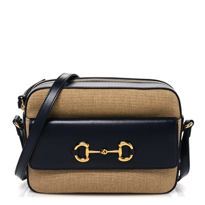 Gucci Vintage Rice Canvas Azalea Calfskin Small Horsebit 1955 Shoulder Bag Beige Blue 1 of 10