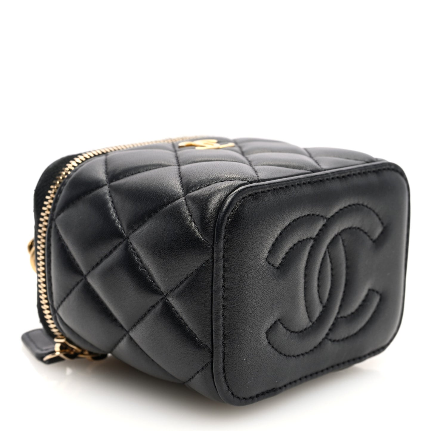 Lambskin Quilted Metal Mini Top Handle Vanity Case With Chain Black
