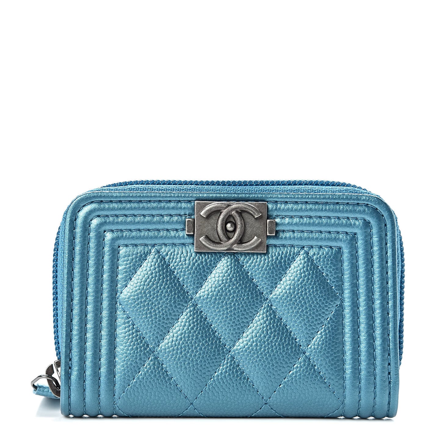 Metallic Caviar Quilted Boy Zip Around Coin Purse Wallet Turquoise