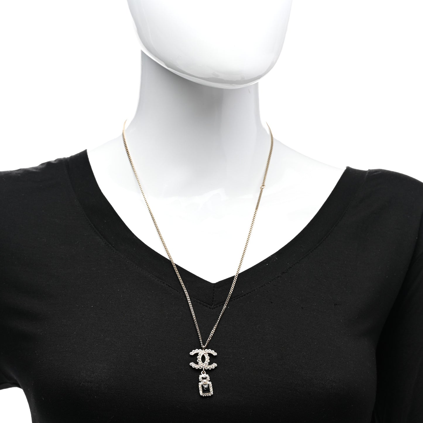 Crystal Pearl CC Perfume Bottle Necklace Black Gold