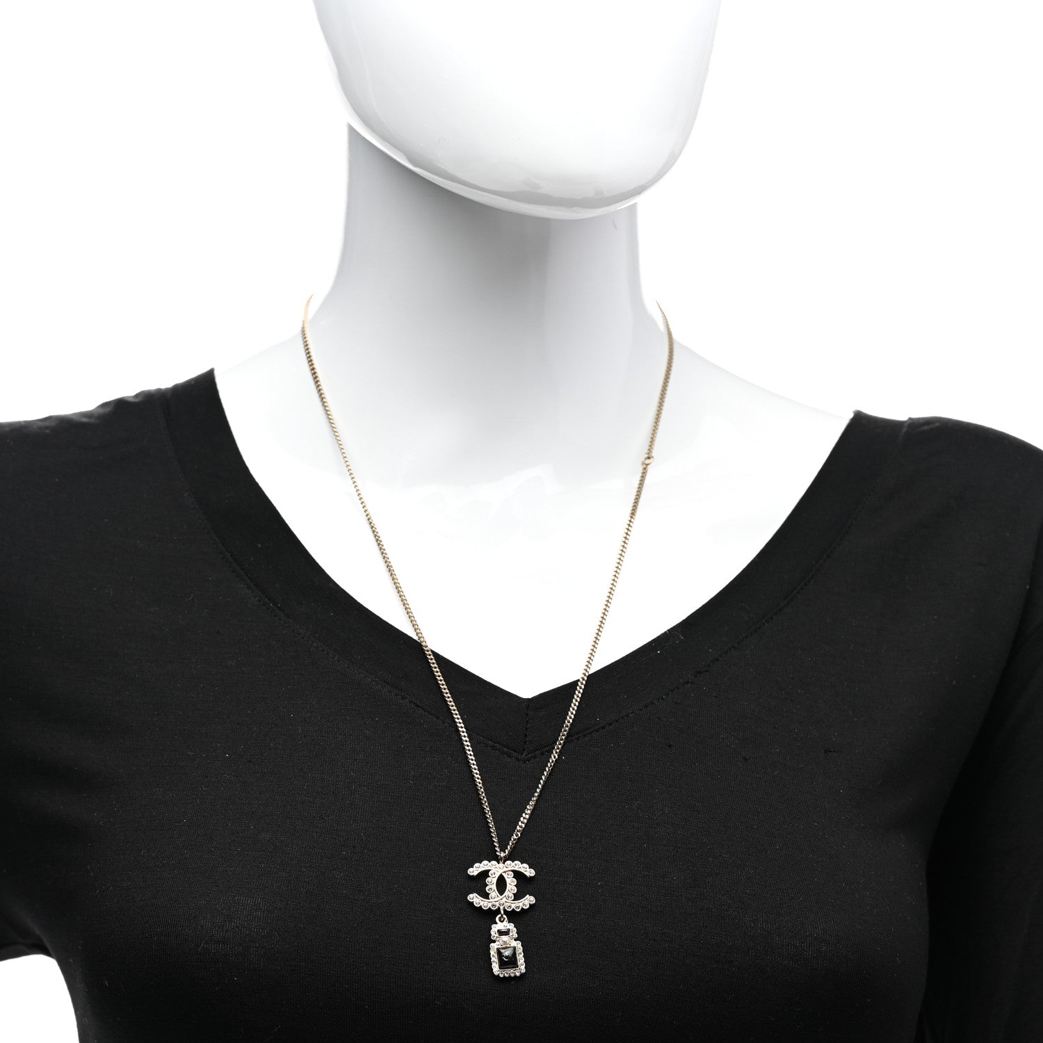 Chanel Crystal Pearl CC Perfume Bottle Necklace Black Gold 4 of 5