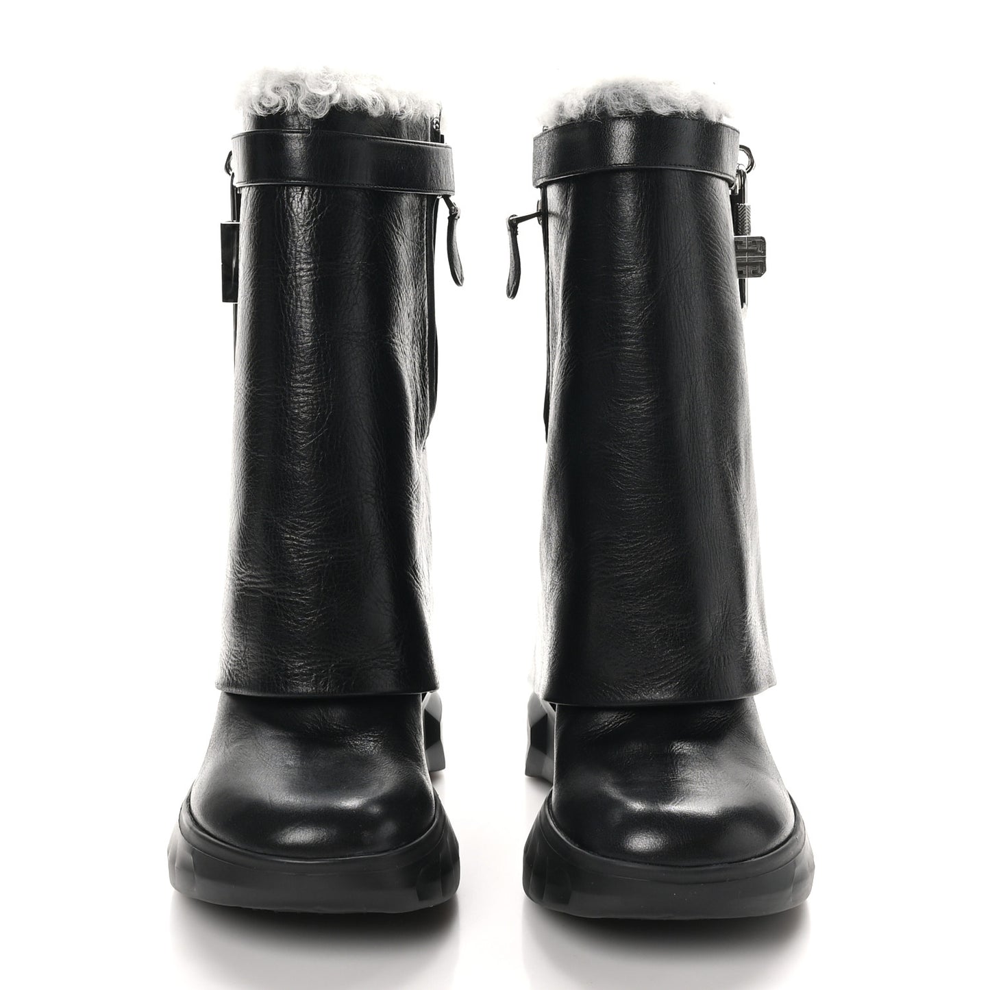 Crinkled Calfskin Shearling Shark Lock Biker Ankle Boots 39 Black Natural
