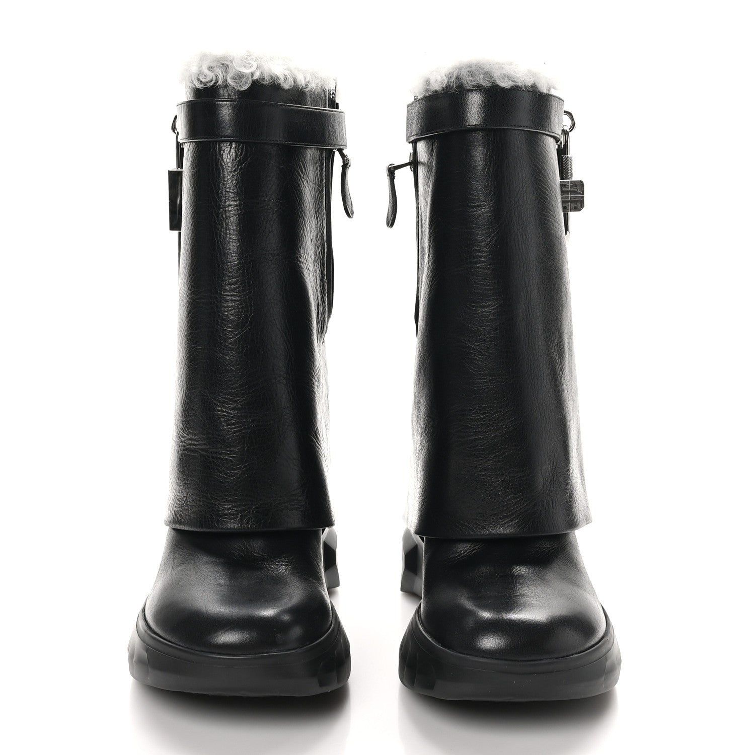 Givenchy Crinkled Calfskin Shearling Shark Lock Biker Ankle Boots 39 Black Natural 3 of 8