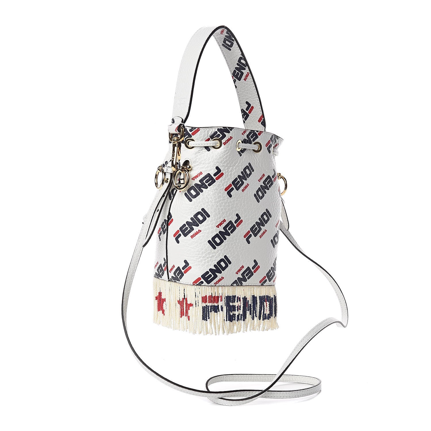 Fendi X FILA Calfskin F is Fendi Mania Fringe Mini Mon Tresor Bucket Bag White 3 of 11