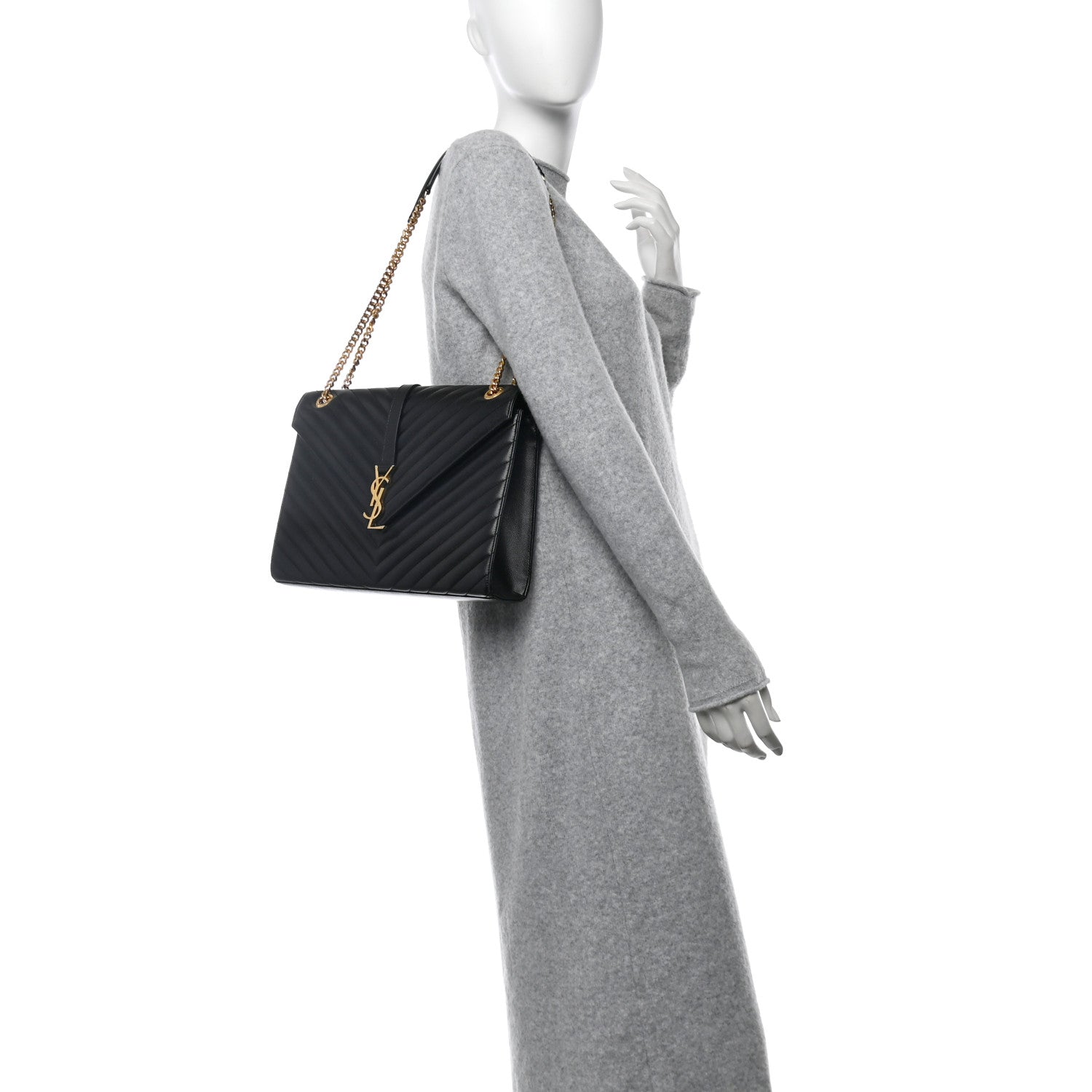 Saint Laurent Grain De Poudre Matelasse Chevron Large Monogram Satchel Black 2 of 15