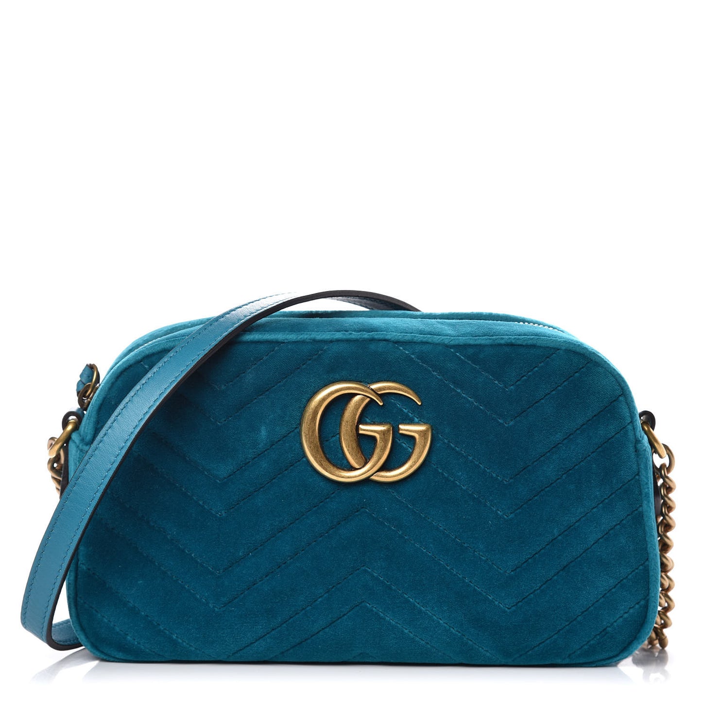 Velvet Matelasse Small GG Marmont Chain Shoulder Bag Pavone Cyan