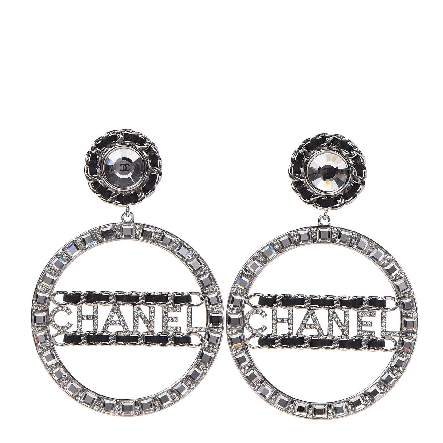 Baguette Crystal CC Hoop Earrings Silver