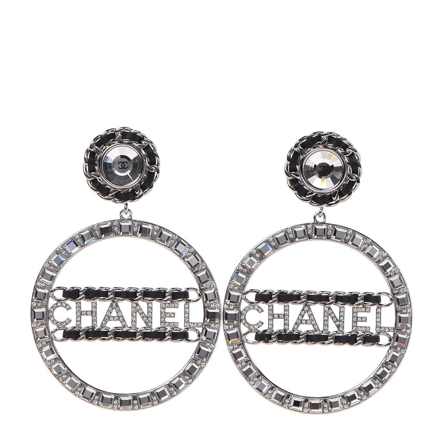 Chanel Baguette Crystal CC Hoop Earrings Silver 1 of 4