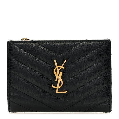 Saint Laurent Grain De Poudre Matelasse Chevron Monogram Zipped Two-Part Wallet Black 1 of 6