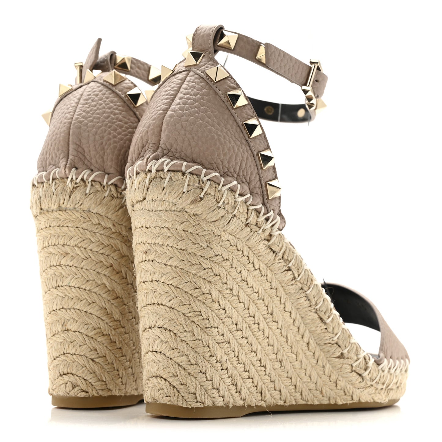 Grained Calfskin Rockstud Ankle Strap Espadrille 15/105mm Wedge Sandals 35 Poudre Natural