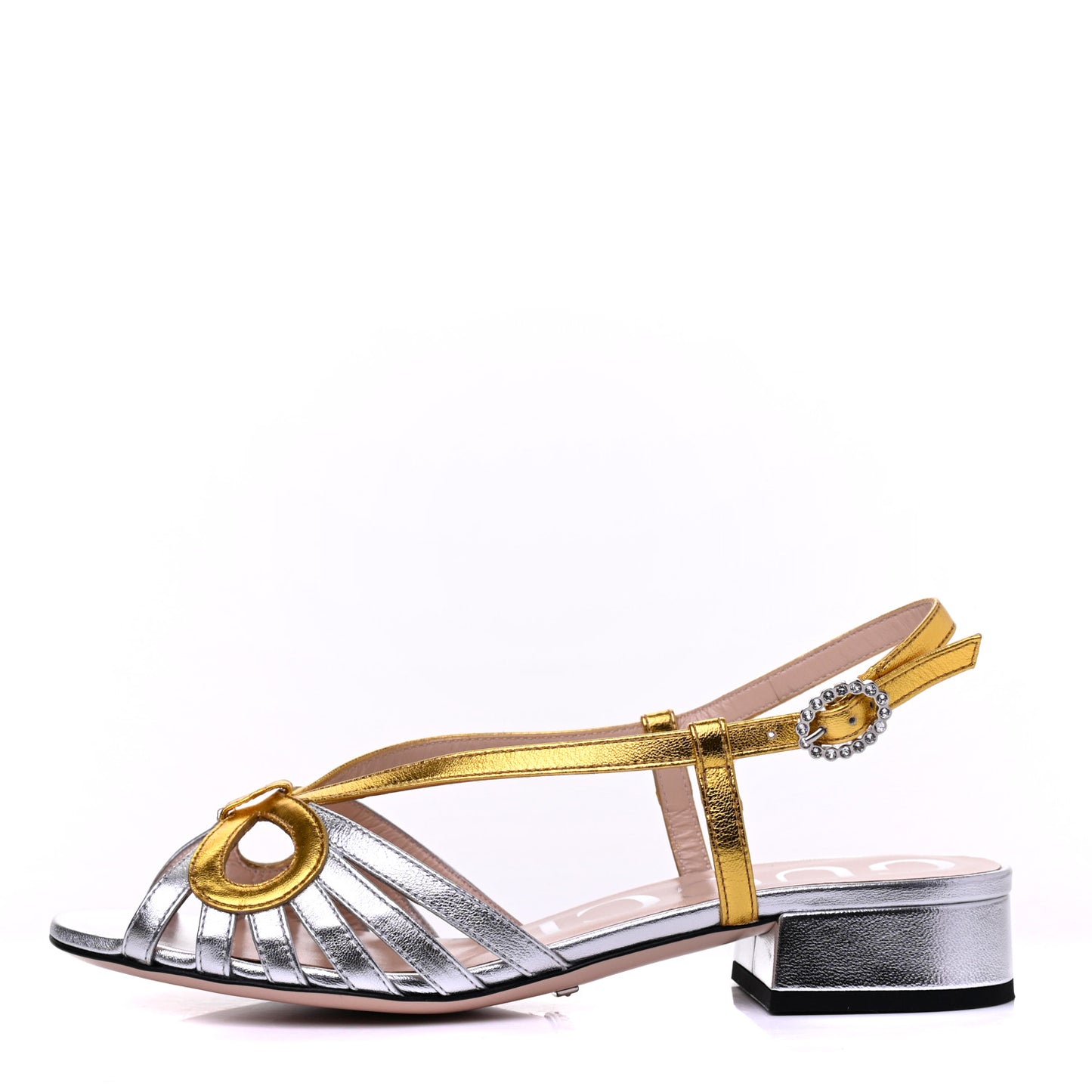 Metallic Nappa Crystal Zephyra Slingback Low Heel Sandals 35 Silver Gold