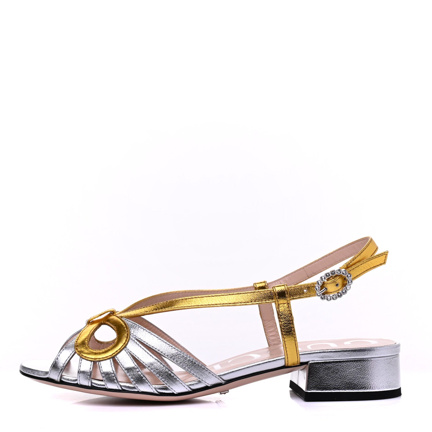 Gucci Metallic Nappa Crystal Zephyra Slingback Low Heel Sandals 35 Silver Gold 1 of 9