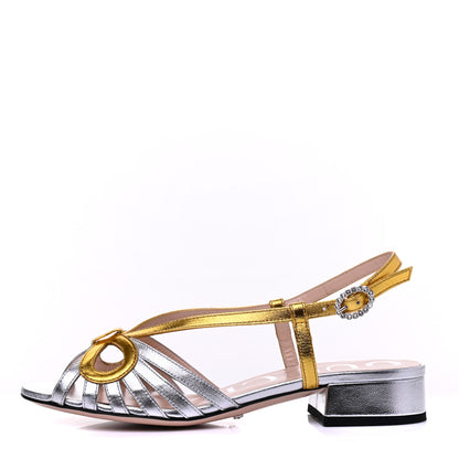 Gucci Metallic Nappa Crystal Zephyra Slingback Low Heel Sandals 35 Silver Gold 1 of 9